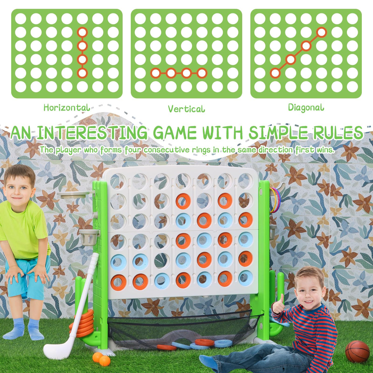 Jumbo 4-to-Score Connect Game with Height Adjustment, Multi-Game Set Including Golf, Basketball Hoop, Ring Toss & Mesh Bag,Green