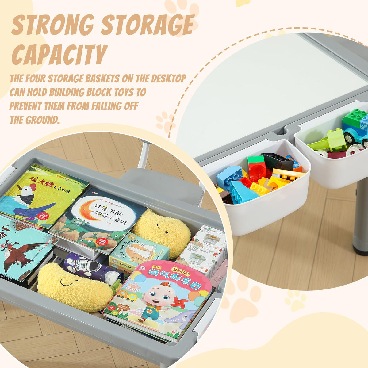 4-in-1 Toddler Activity Table with 2 Chairs, Double Sided Tabletop for Graffiti & Building Blocks, Kids Play Set with Four Side Storage Bins,Gray