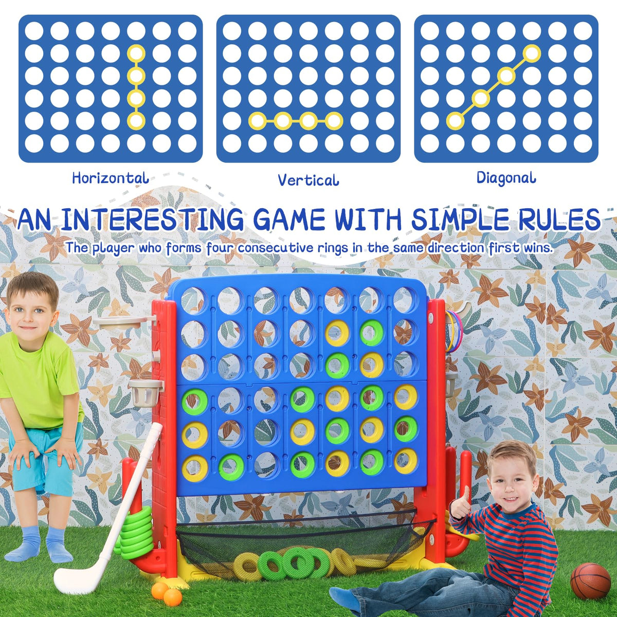 Jumbo 4-to-Score Connect Game with Height Adjustment, Multi-Game Set Including Golf, Basketball Hoop, Ring Toss & Mesh Bag,Blue