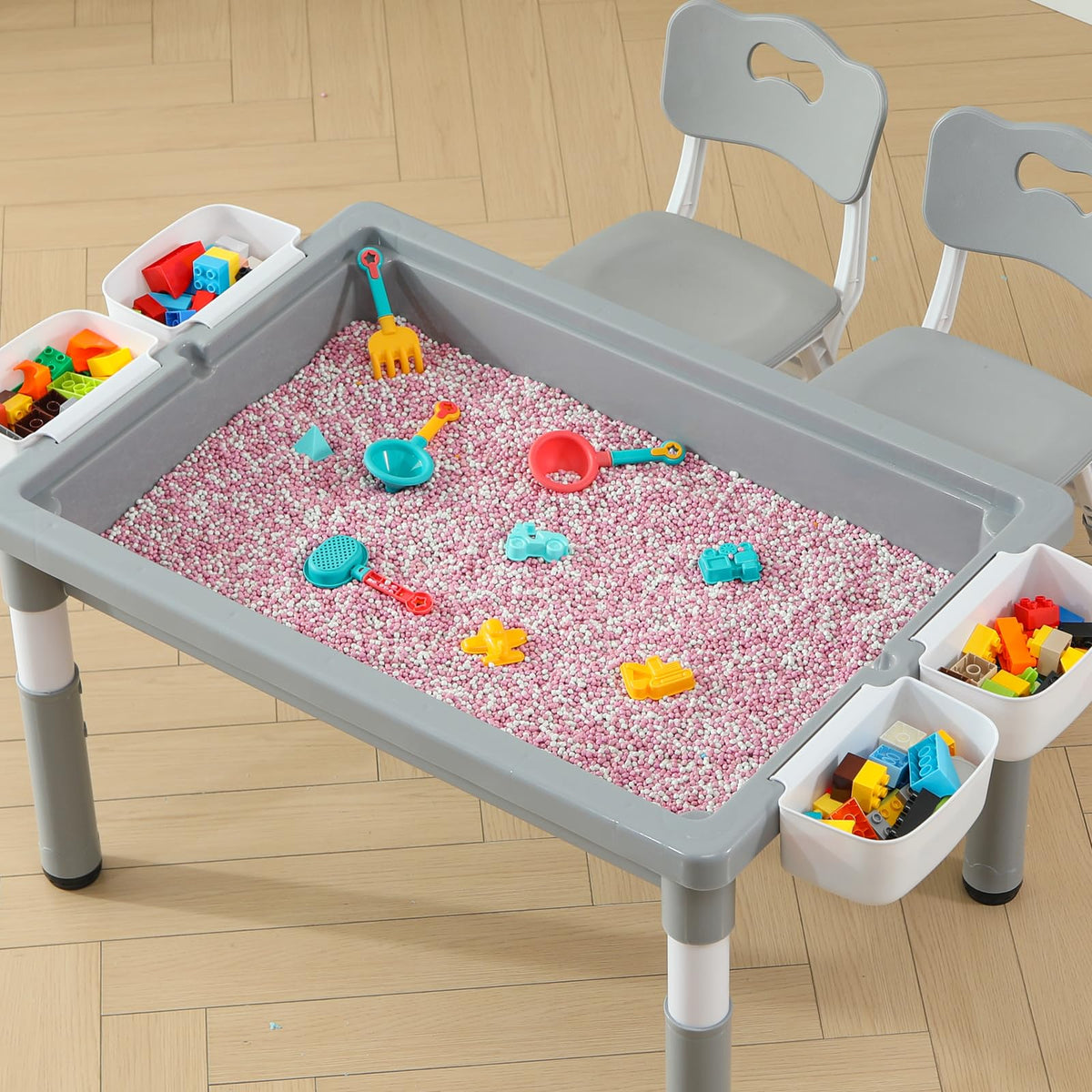 4-in-1 Toddler Activity Table with 2 Chairs, Double Sided Tabletop for Graffiti & Building Blocks, Kids Play Set with Four Side Storage Bins,Gray