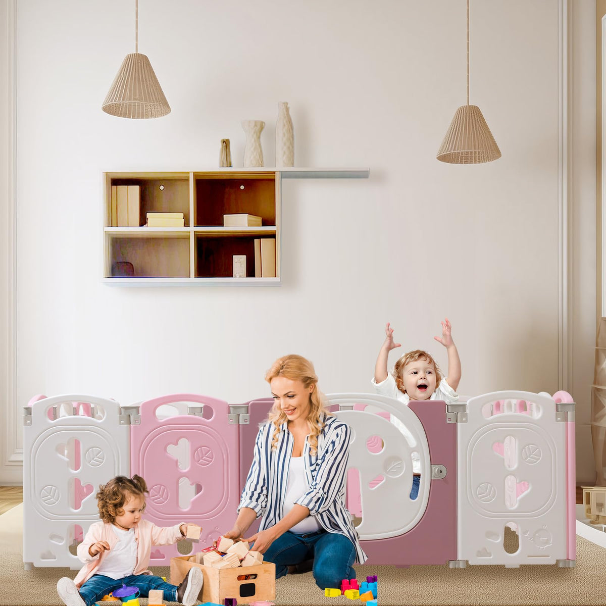 18-Panel Portable Plastic Playpen,Safe Activity Fence for Toddlers,Pink