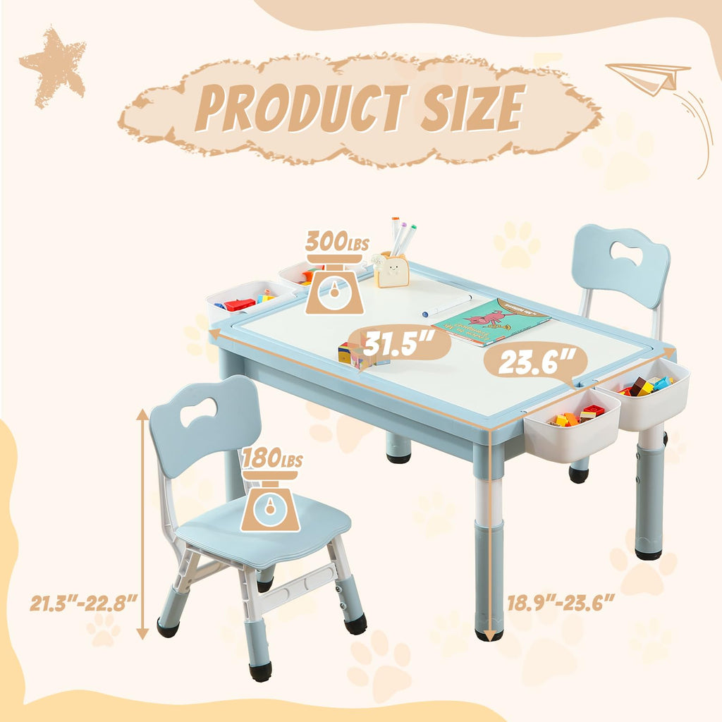 4-in-1 Toddler Activity Table with 2 Chairs, Double Sided Tabletop for Graffiti & Building Blocks, Kids Play Set with Four Side Storage Bins,Blue