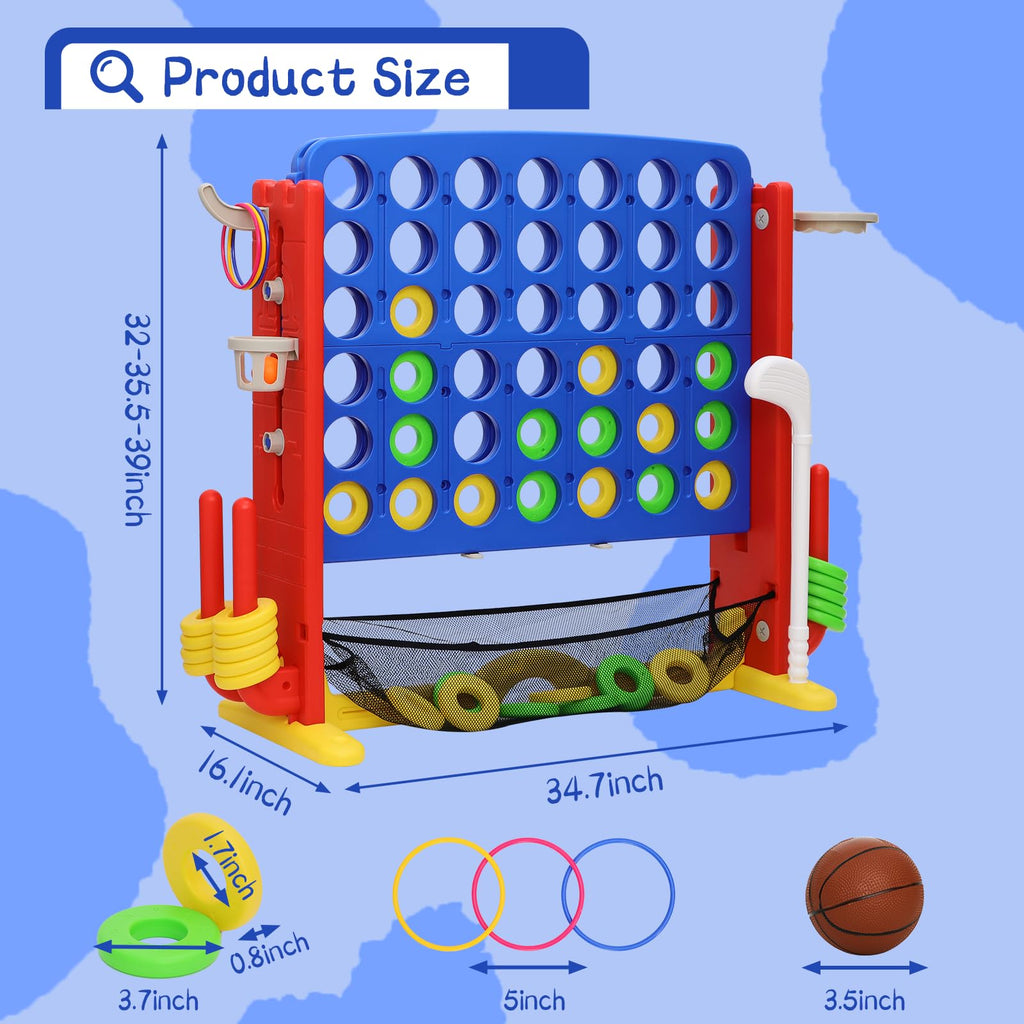 Jumbo 4-to-Score Connect Game with Height Adjustment, Multi-Game Set Including Golf, Basketball Hoop, Ring Toss & Mesh Bag,Blue