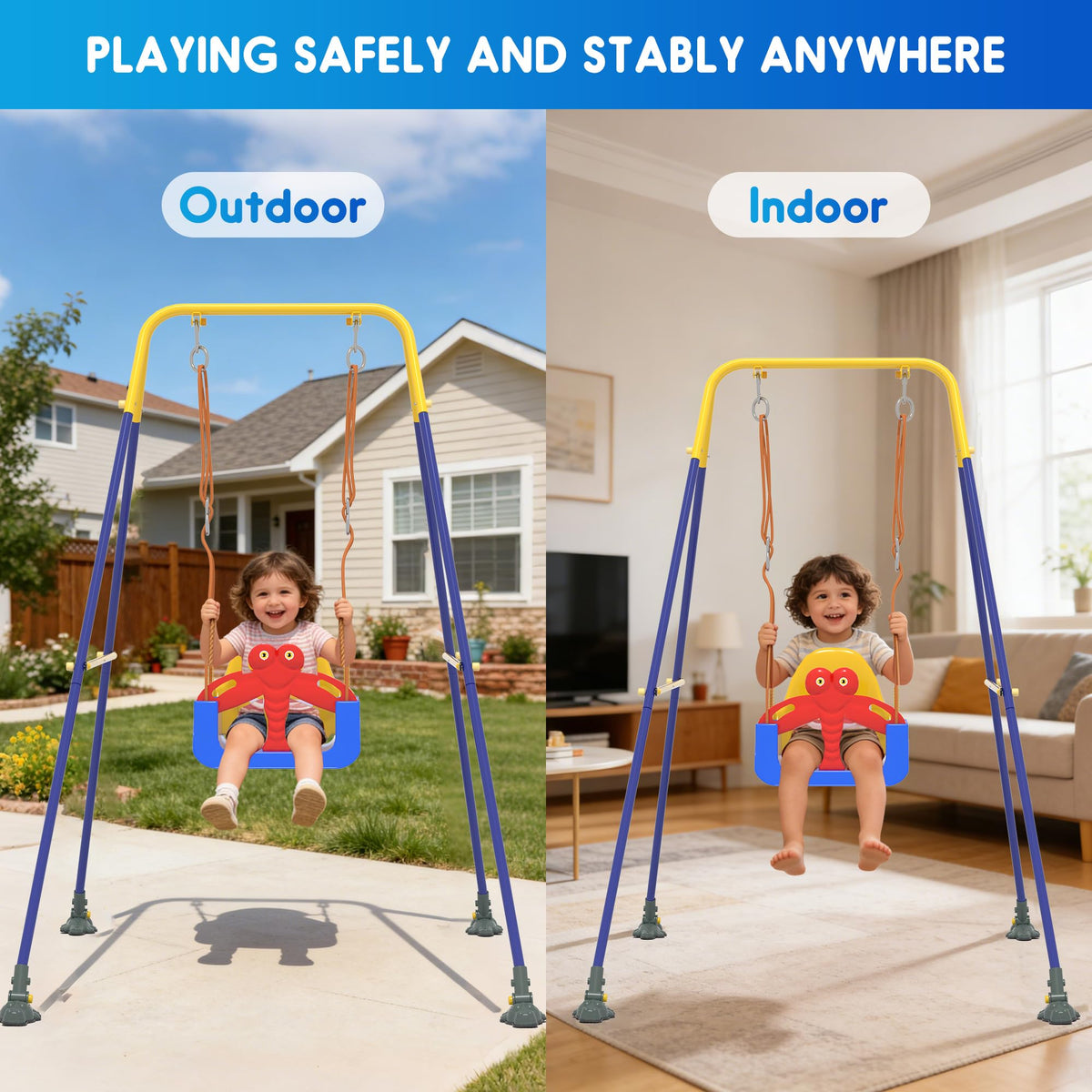 Kids Swing Set,3-in-1 Design with Safety Belt,Sturdy Metal Stand,Easy Quick Assembly,Indoor & Outdoor Suitable for Backyard,Playground and Nursery,Blue