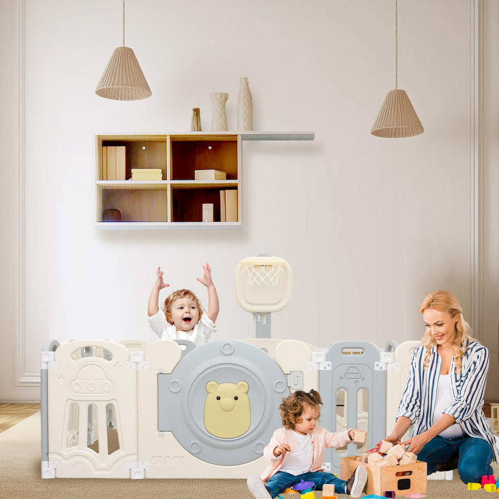 18-Panel Foldable Baby Playpen Equipped with Lock Gate and Adjustable Basketball Hoop Game Panel,Indoor Outdoor Safe Toddler Activity Fence,Gray White