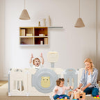 18-Panel Foldable Baby Playpen Equipped with Lock Gate and Adjustable Basketball Hoop Game Panel,Indoor Outdoor Safe Toddler Activity Fence,Gray White