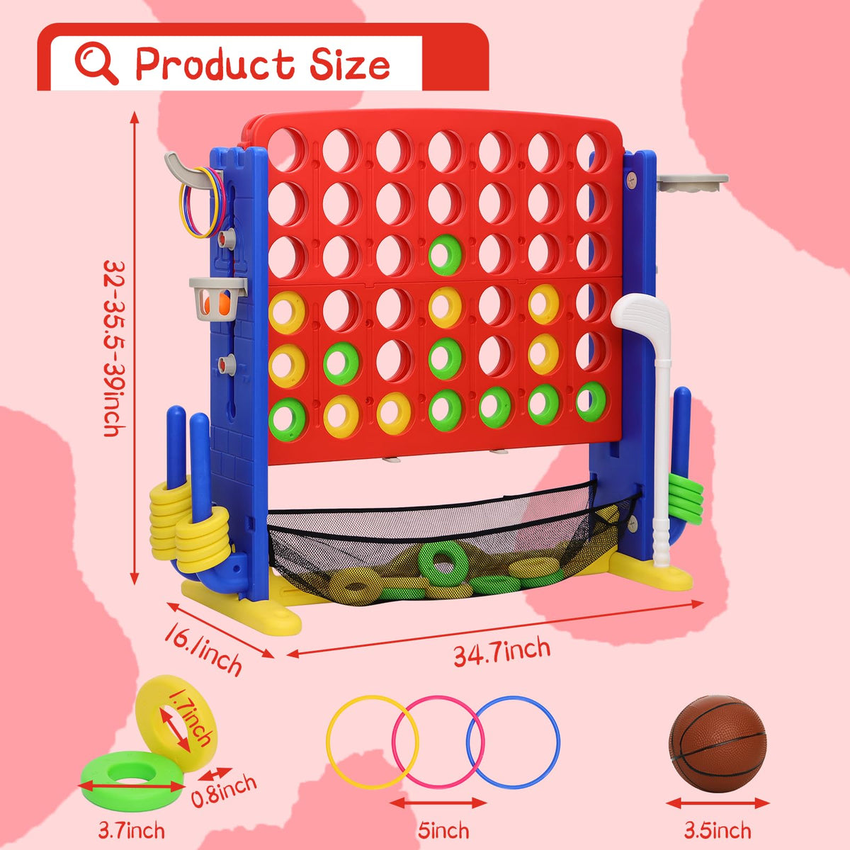 Jumbo 4-to-Score Connect Game with Height Adjustment, Multi-Game Set Including Golf, Basketball Hoop, Ring Toss & Mesh Bag,Red