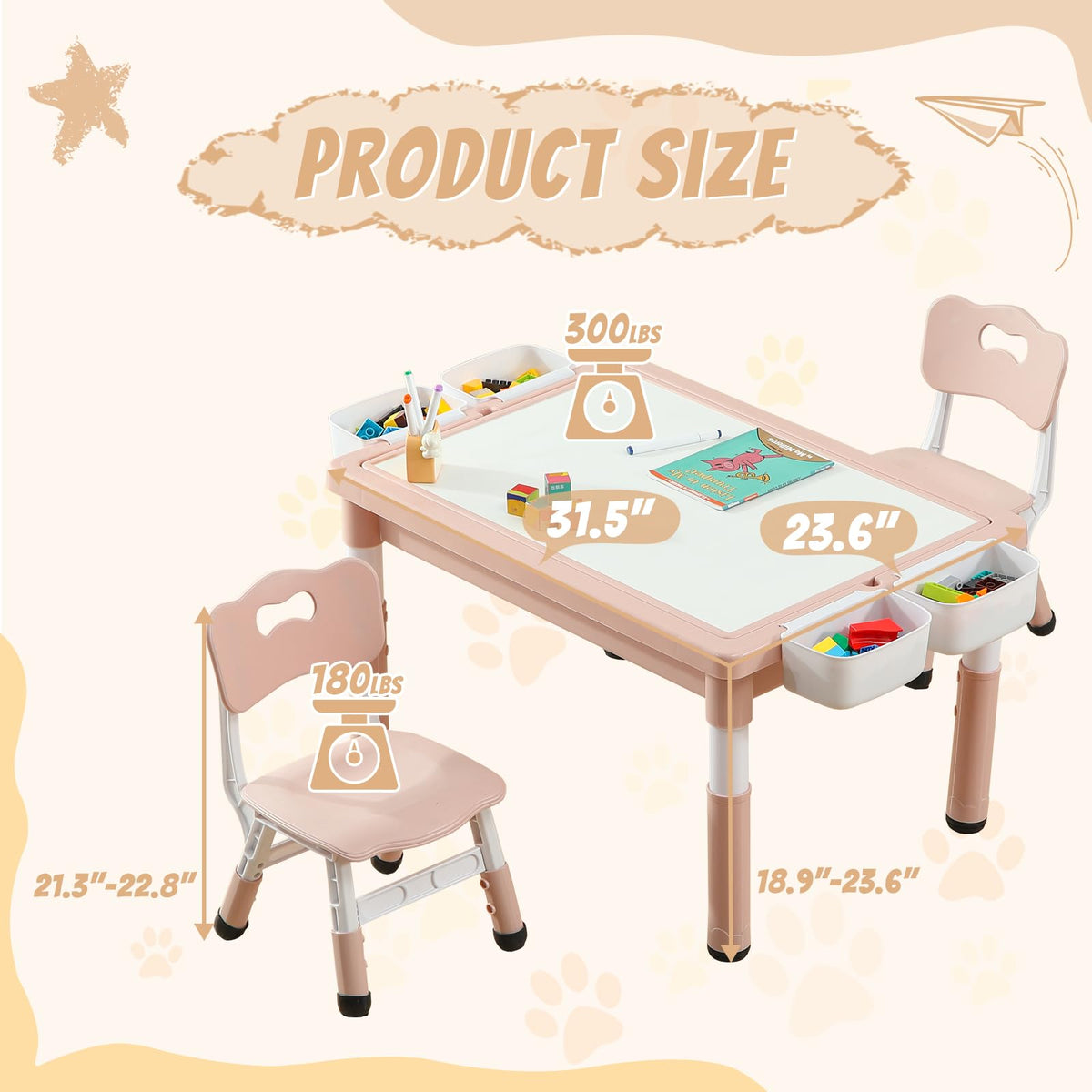 4-in-1 Toddler Activity Table with 2 Chairs, Double Sided Tabletop for Graffiti & Building Blocks, Kids Play Set with Four Side Storage Bins,Pink