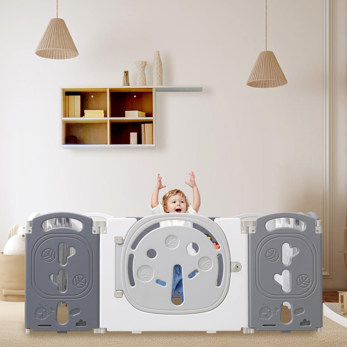 14-Panel Portable Plastic Playpen,Safe Activity Fence for Toddlers,Gray
