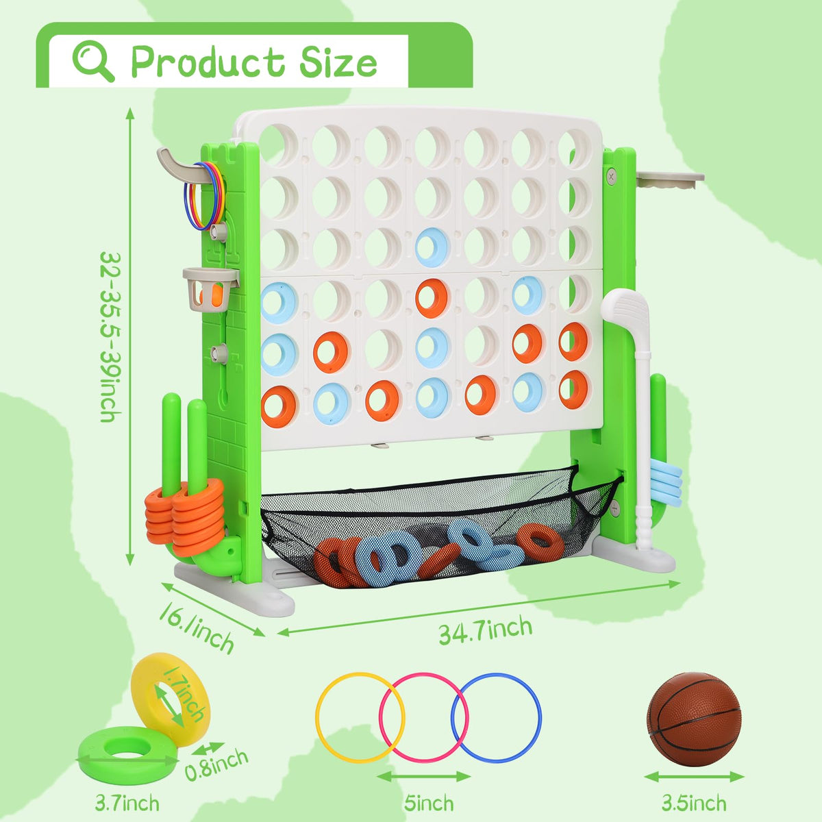 Jumbo 4-to-Score Connect Game with Height Adjustment, Multi-Game Set Including Golf, Basketball Hoop, Ring Toss & Mesh Bag,Green
