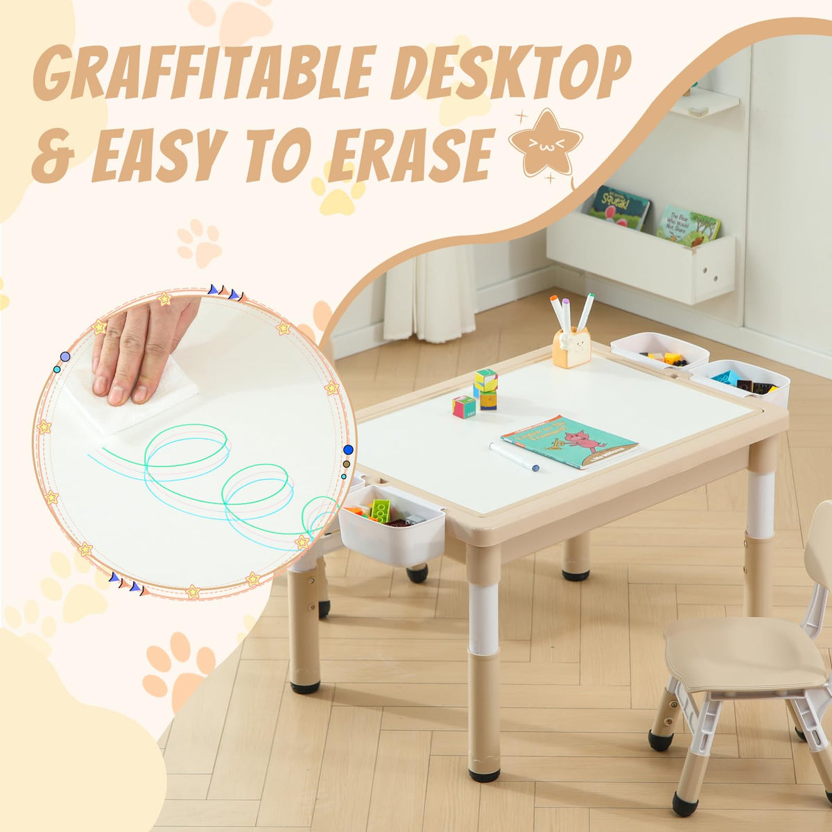 4-in-1 Toddler Activity Table with 2 Chairs, Double Sided Tabletop for Graffiti & Building Blocks, Kids Play Set with Four Side Storage Bins,Brown