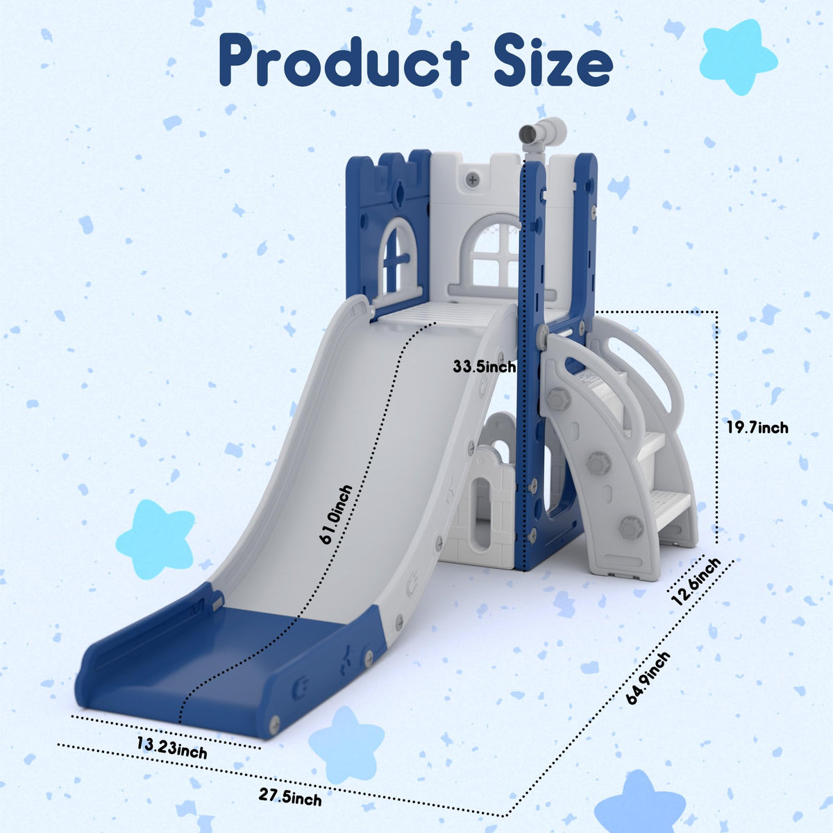 6-in-1 Toddler Slide Play Set for Ages 1–3,Multi-Functional Indoor Outdoor Kids Slide with Basketball Hoop&Telescope,L-Shaped Children Slidem,Blue