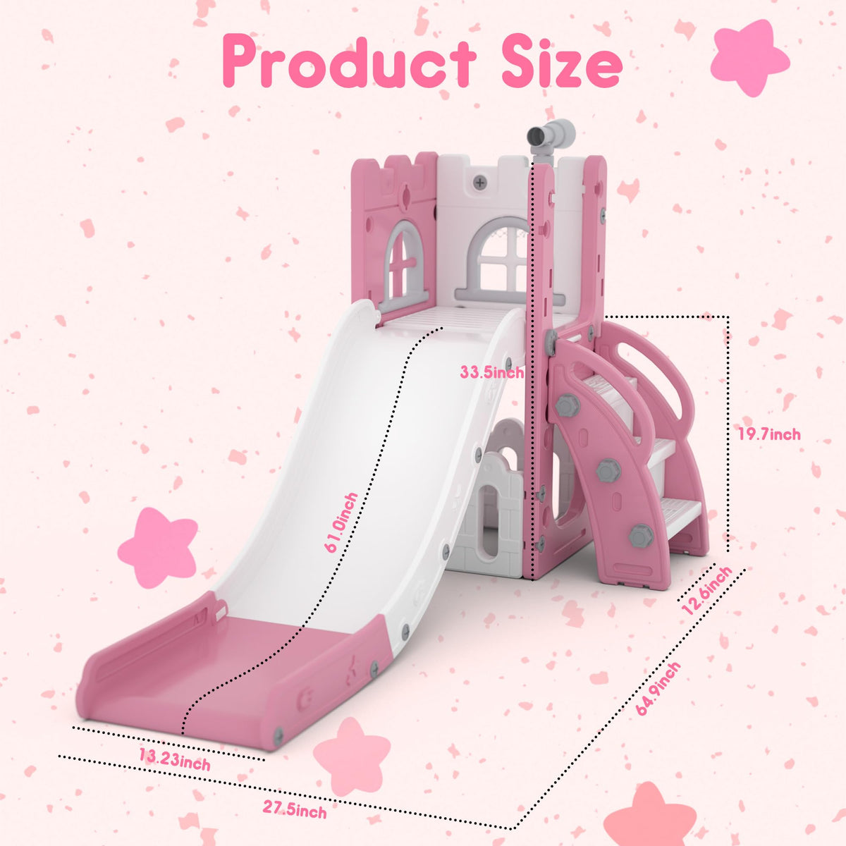 6-in-1 Toddler Slide Play Set for Ages 1–3,Multi-Functional Indoor Outdoor Kids Slide with Basketball Hoop&Telescope,L-Shaped Children Slidem,Pink