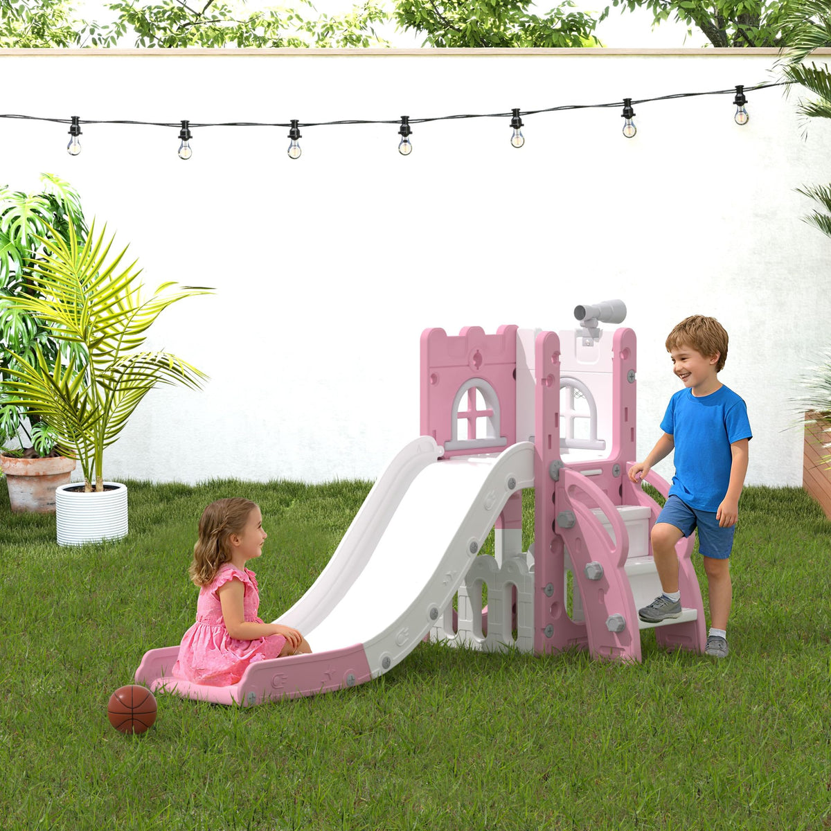 6-in-1 Toddler Slide Play Set for Ages 1–3,Multi-Functional Indoor Outdoor Kids Slide with Basketball Hoop&Telescope,L-Shaped Children Slidem,Pink