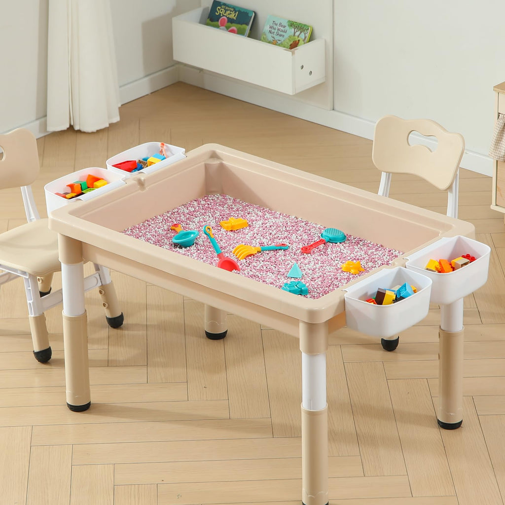4-in-1 Toddler Activity Table with 2 Chairs, Double Sided Tabletop for Graffiti & Building Blocks, Kids Play Set with Four Side Storage Bins,Brown