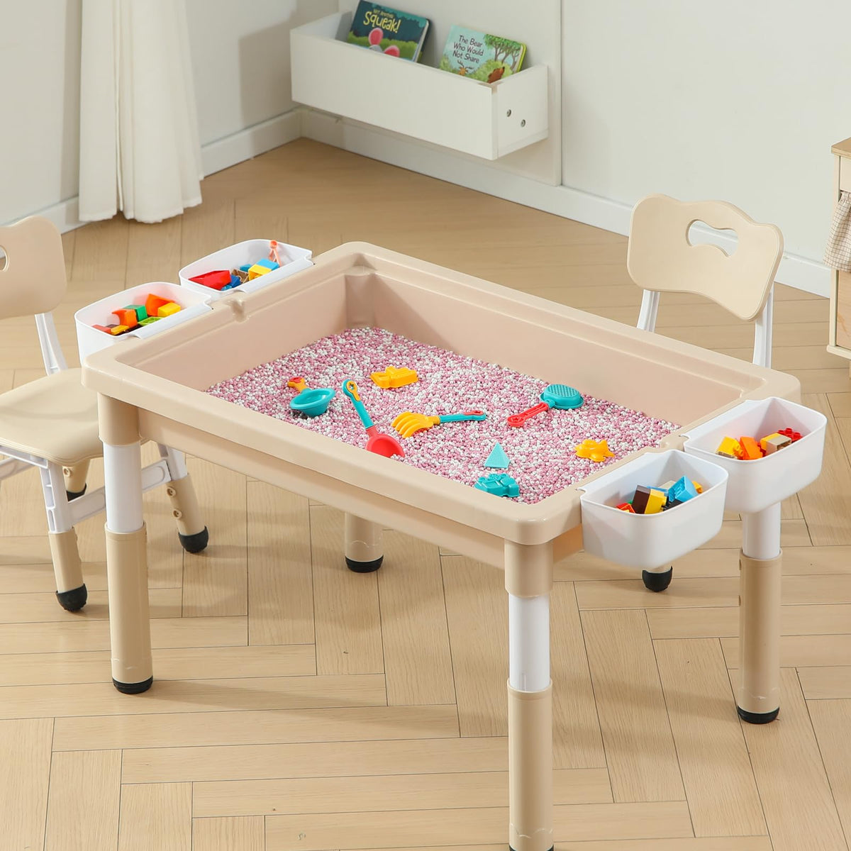 4-in-1 Toddler Activity Table with 2 Chairs, Double Sided Tabletop for Graffiti & Building Blocks, Kids Play Set with Four Side Storage Bins,Brown