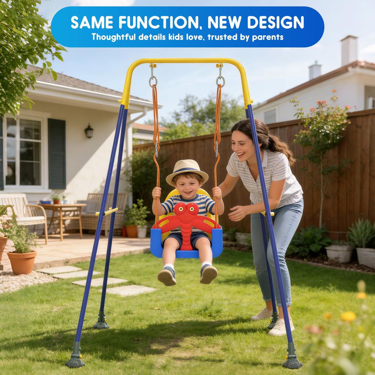 Kids Swing Set,3-in-1 Design with Safety Belt,Sturdy Metal Stand,Easy Quick Assembly,Indoor & Outdoor Suitable for Backyard,Playground and Nursery,Blue