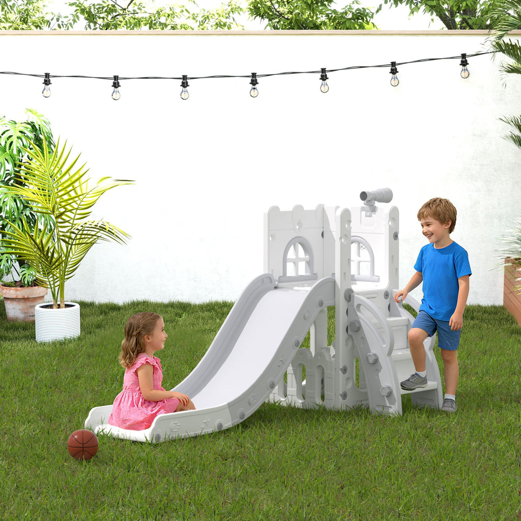 6-in-1 Toddler Slide Play Set for Ages 1–3,Multi-Functional Indoor Outdoor Kids Slide with Basketball Hoop&Telescope,L-Shaped Children Slidem,Grey