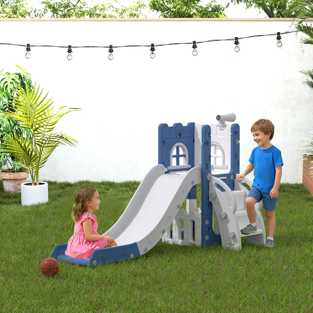 6-in-1 Toddler Slide Play Set for Ages 1–3,Multi-Functional Indoor Outdoor Kids Slide with Basketball Hoop&Telescope,L-Shaped Children Slidem,Blue
