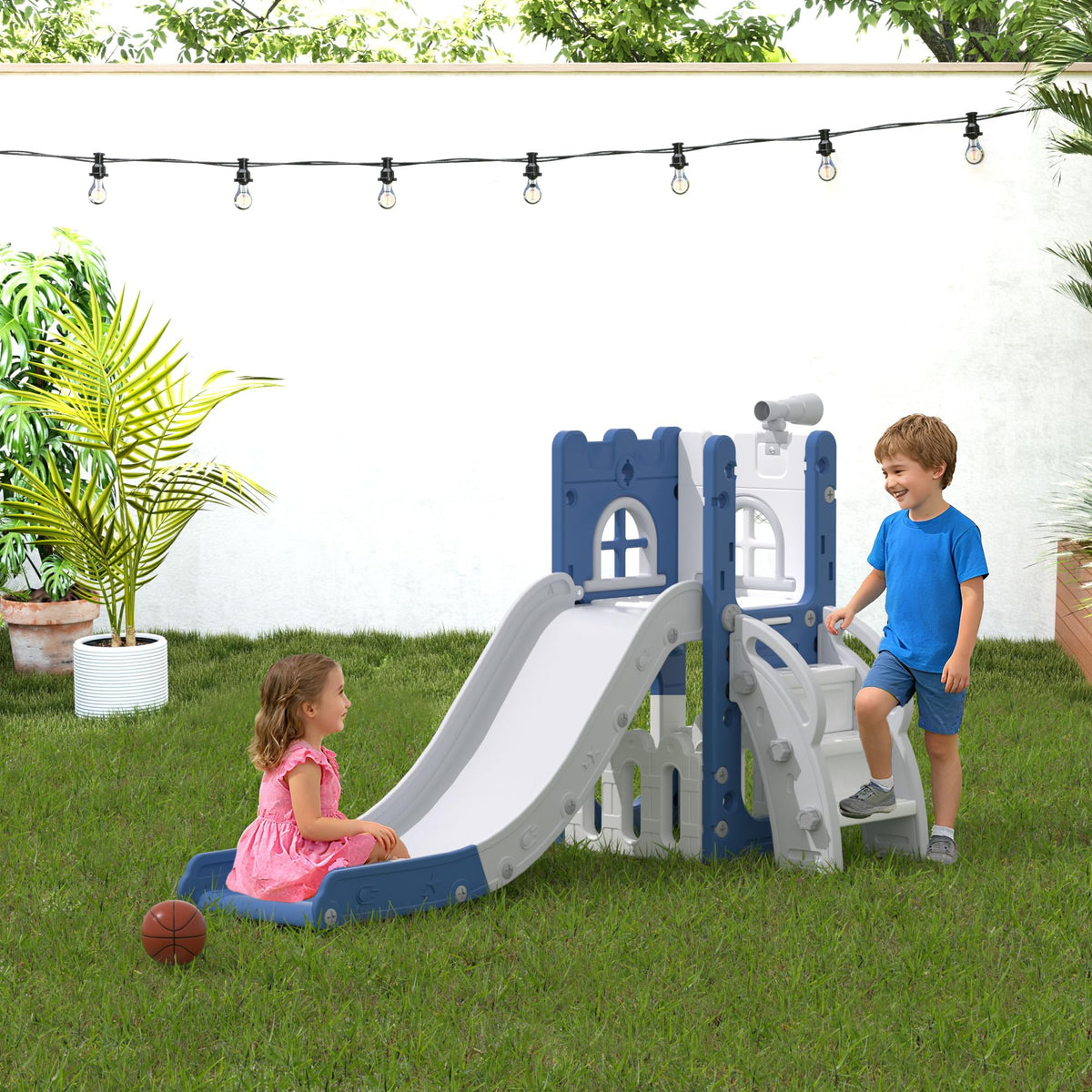 6-in-1 Toddler Slide Play Set for Ages 1–3,Multi-Functional Indoor Outdoor Kids Slide with Basketball Hoop&Telescope,L-Shaped Children Slidem,Blue