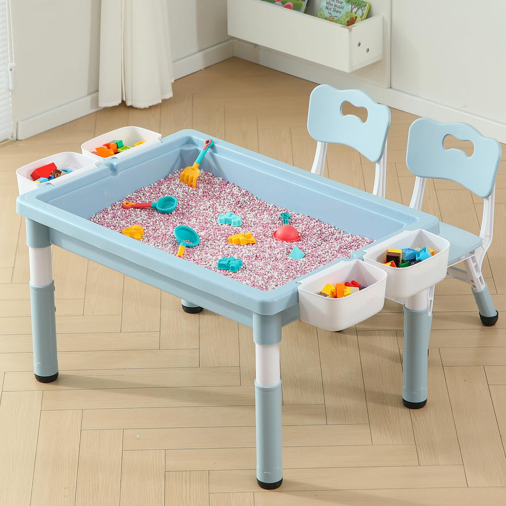 4-in-1 Toddler Activity Table with 2 Chairs, Double Sided Tabletop for Graffiti & Building Blocks, Kids Play Set with Four Side Storage Bins,Blue
