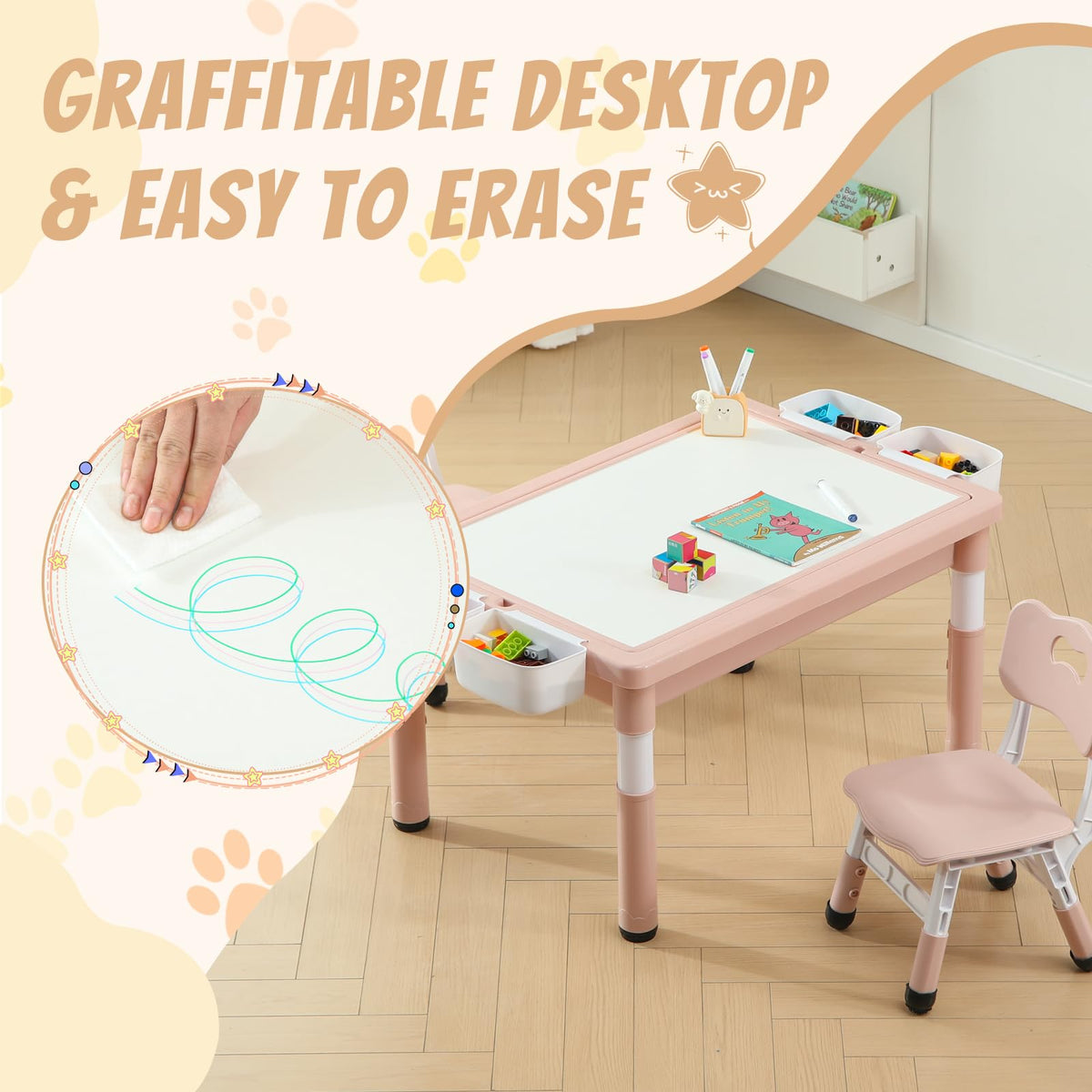 4-in-1 Toddler Activity Table with 2 Chairs, Double Sided Tabletop for Graffiti & Building Blocks, Kids Play Set with Four Side Storage Bins,Pink