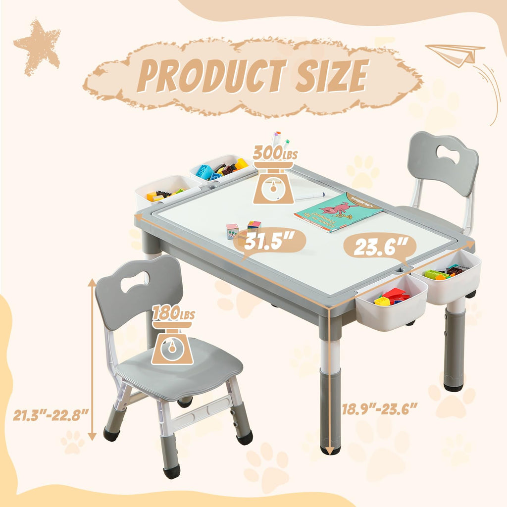 4-in-1 Toddler Activity Table with 2 Chairs, Double Sided Tabletop for Graffiti & Building Blocks, Kids Play Set with Four Side Storage Bins,Gray