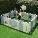 18-Panel Foldable Baby Playpen Equipped with Lock Gate and Adjustable Basketball Hoop Game Panel,Indoor Outdoor Safe Toddler Activity Fence,Gray White
