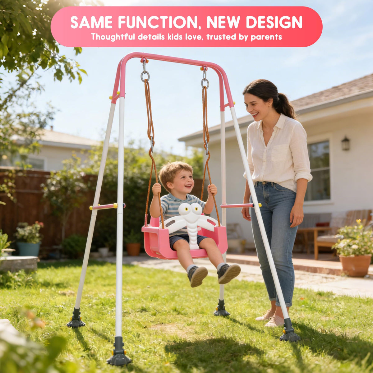 Kids Swing Set,3-in-1 Design with Safety Belt,Sturdy Metal Stand,Easy Quick Assembly,Indoor & Outdoor Suitable for Backyard,Playground and Nursery,Pink