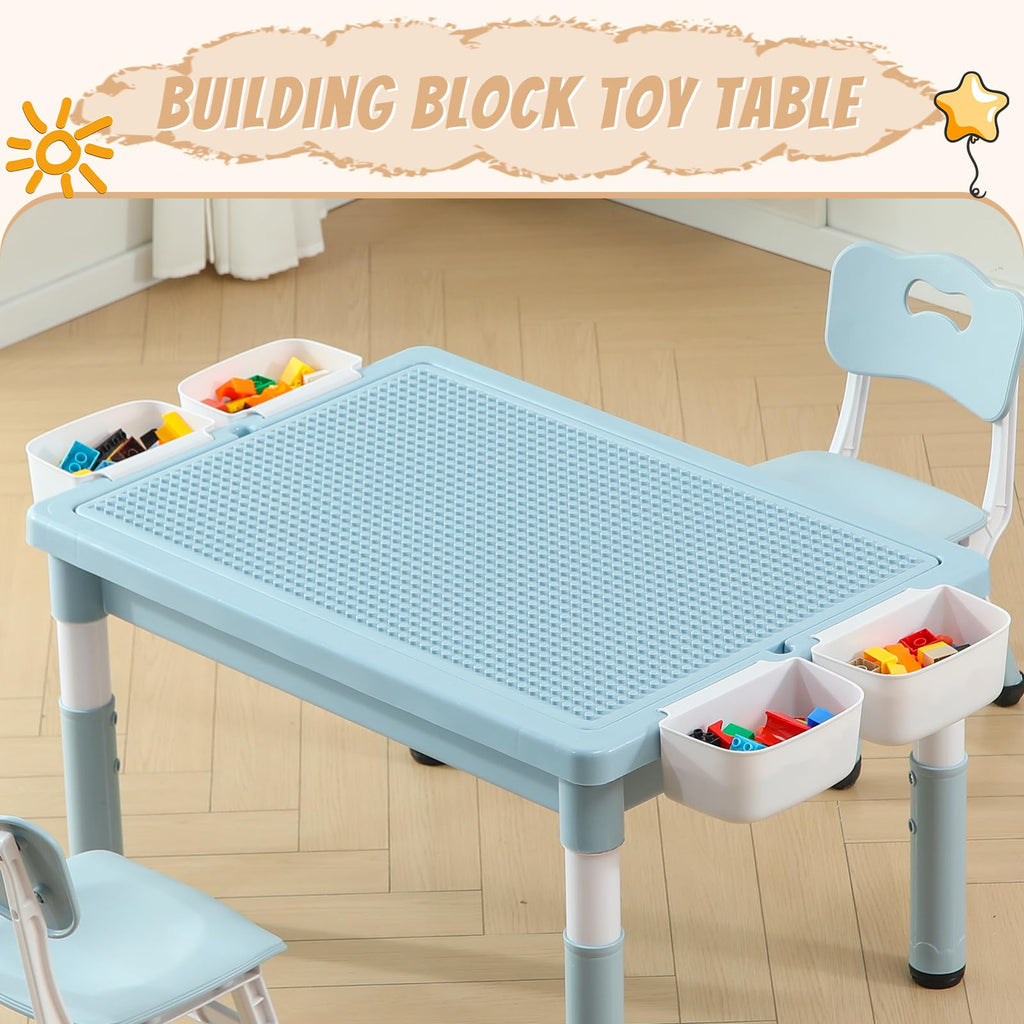 4-in-1 Toddler Activity Table with 2 Chairs, Double Sided Tabletop for Graffiti & Building Blocks, Kids Play Set with Four Side Storage Bins,Blue