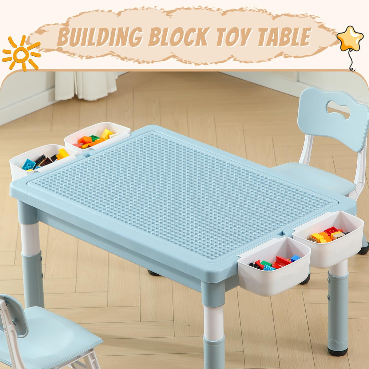 4-in-1 Toddler Activity Table with 2 Chairs, Double Sided Tabletop for Graffiti & Building Blocks, Kids Play Set with Four Side Storage Bins,Blue